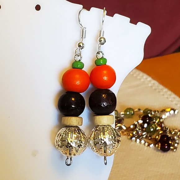 1.5" Metal and Wood Bead Layer Dangle Earrings NWT